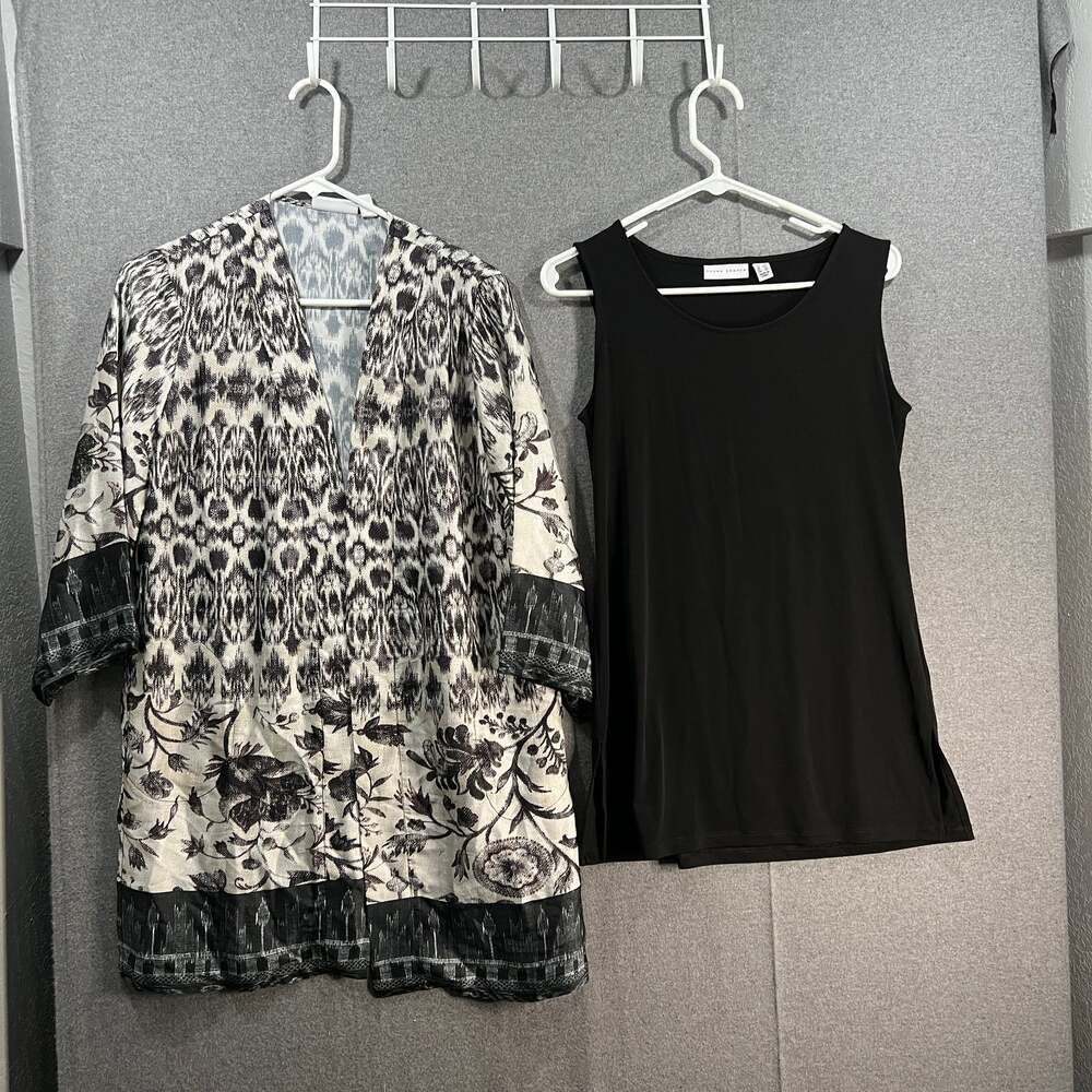 Susan Graver Printed Charmeuse Cardigan and Knit Tank Neutral, XX-Small